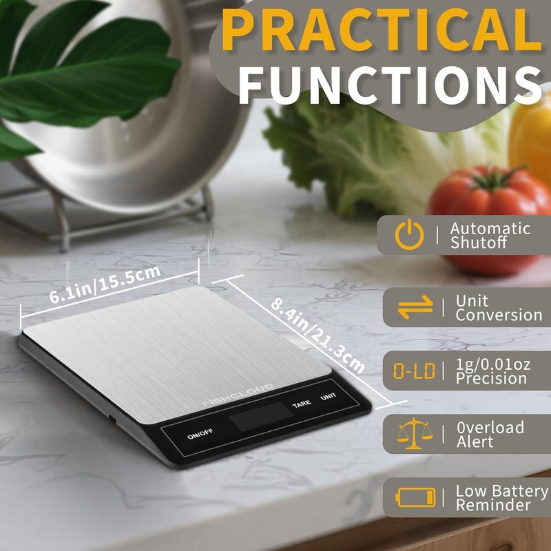 FISHCLOUD Food Scale - Rechargeable Digital Kitchen Scale 33lb, 1g/0.05oz Precision, Type-C, Stainless Steel, Grams/Ounces, LCD Display, for Cooking/Baking/Meal Prep (Ash Silver) - Image 2